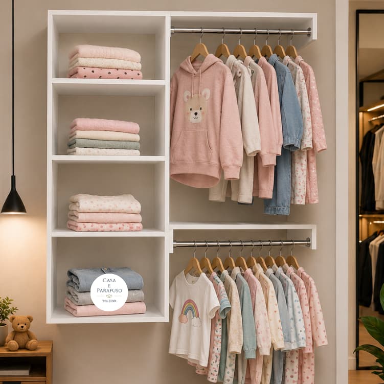 Closet Guarda-Roupa Suspenso com Cabideiro Duplo e Nichos Organizador-67