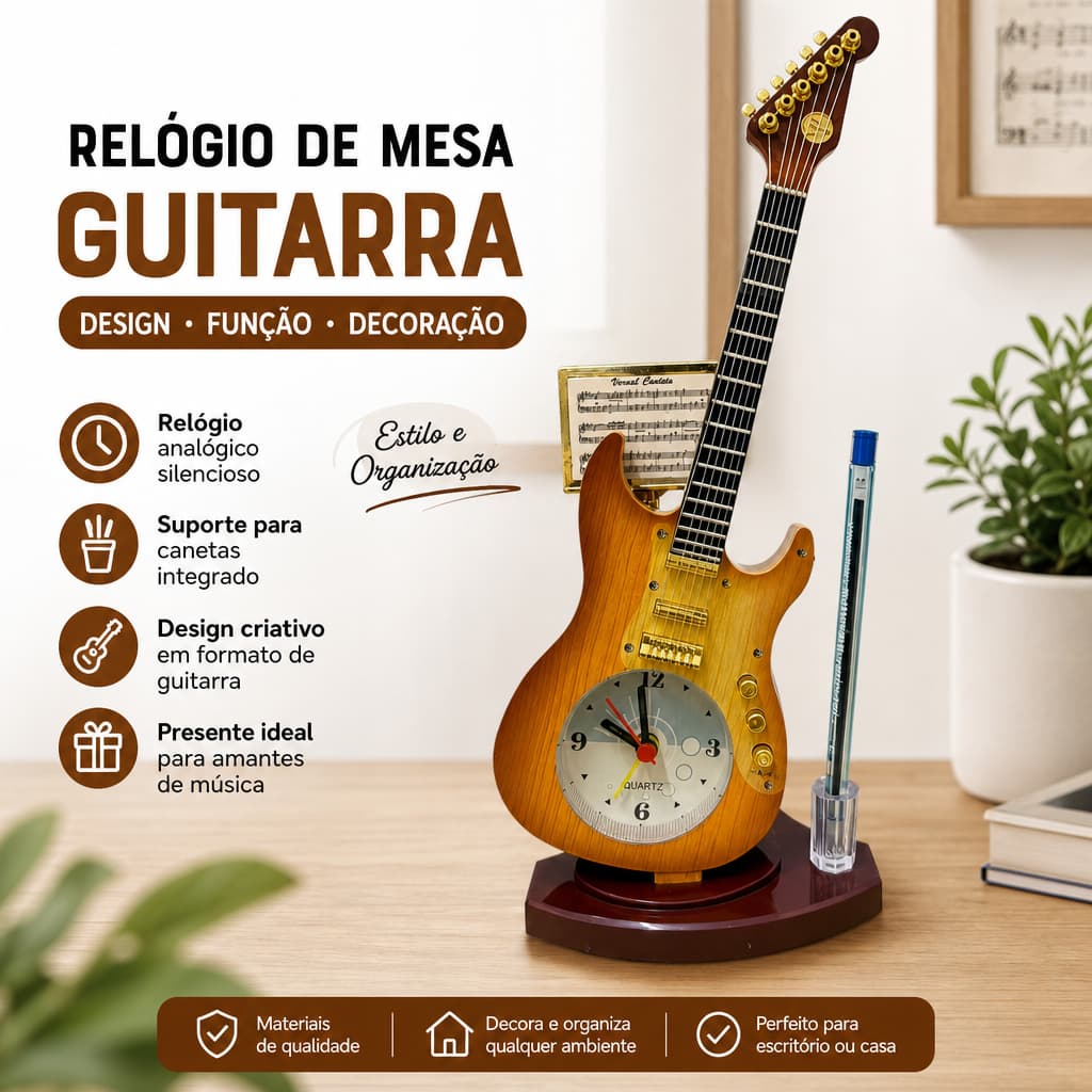 Relógio De Mesa Porta Caneta Formato Guitarra Decoração Para Casa Escritírio Presente