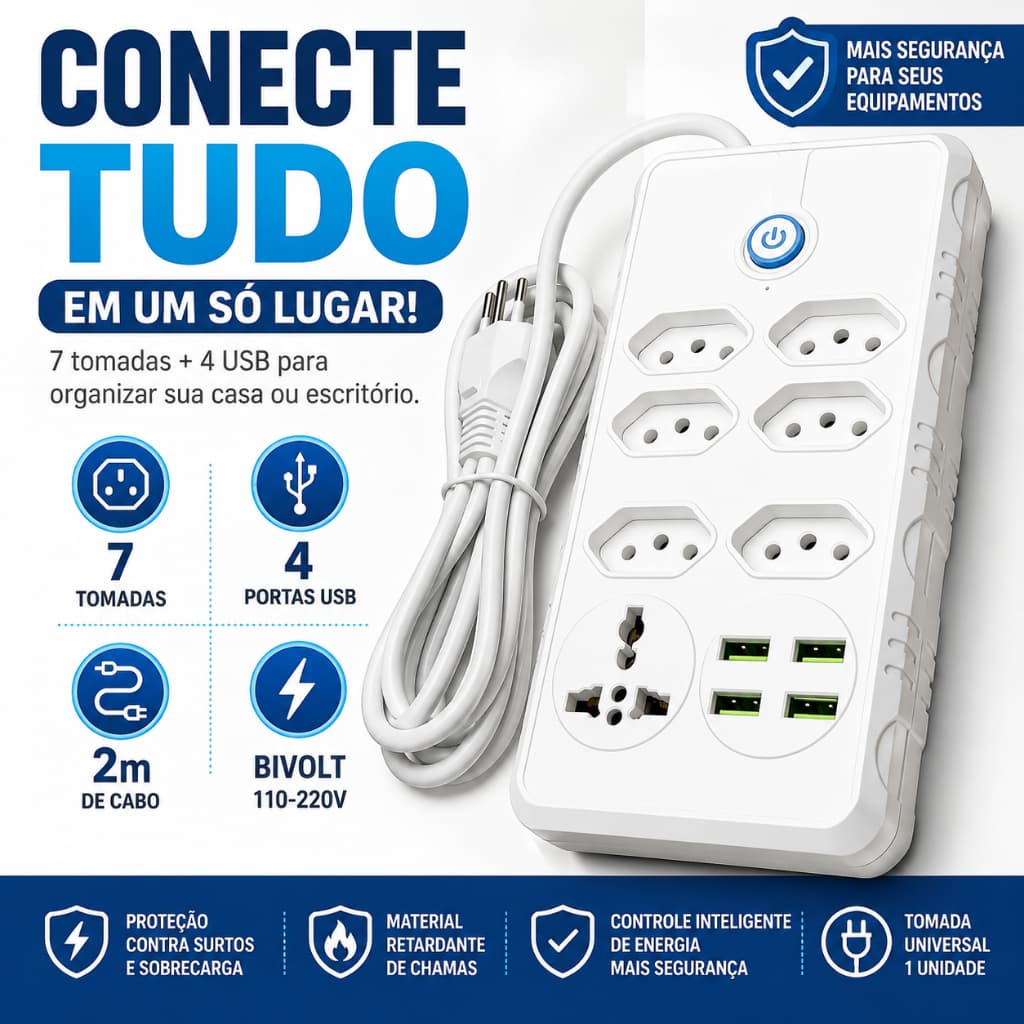 Extensão Filtro de Linha com 07 Tomadas e 04 USB bivolt automática (110V / 220V)