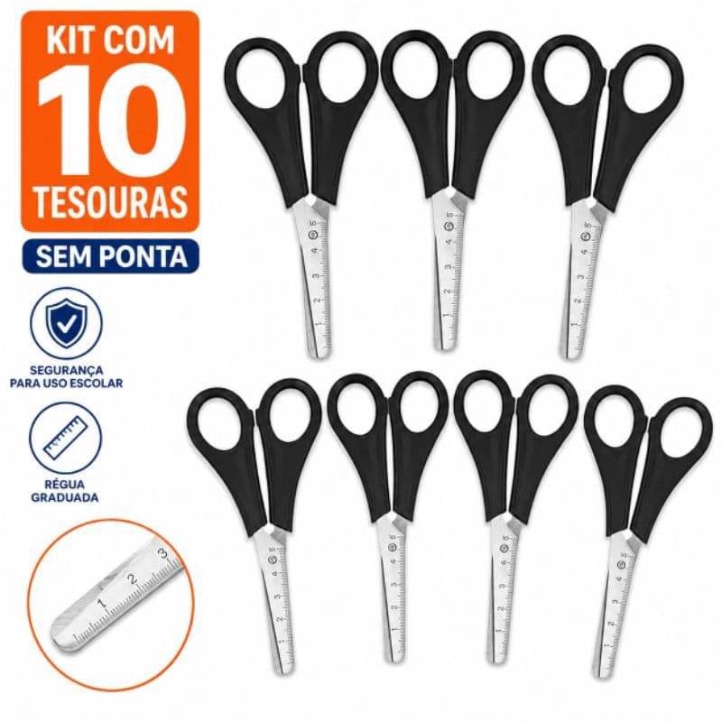 Kit 10 Tesoura Escolar 13 cm Inox Cabo Preto Black Atacado Papelaria