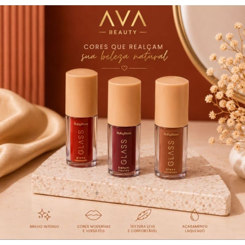 Gloss Laqueado Ruby Rose | Brilho Intenso, Alta Pigmentação | Cores Nude, Vermelho e Vinho