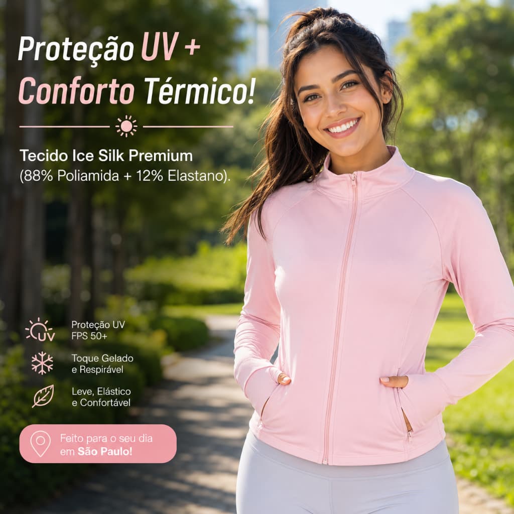 Jaqueta Feminina Proteção Solar UV Leve com Zíper, Bolso e Manga com Abertura para Polegar – Tamanho Único