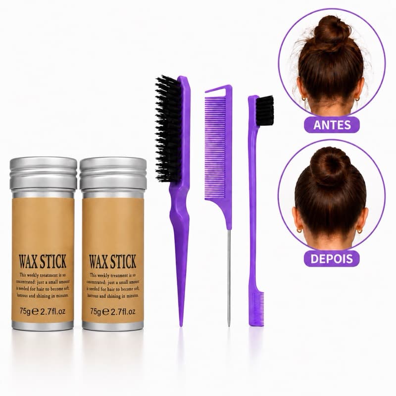 Kit Penteado Completo com Cera Modeladora Wax Stick 75g + Escova + Pente de Cabo + Escova de Acabamento