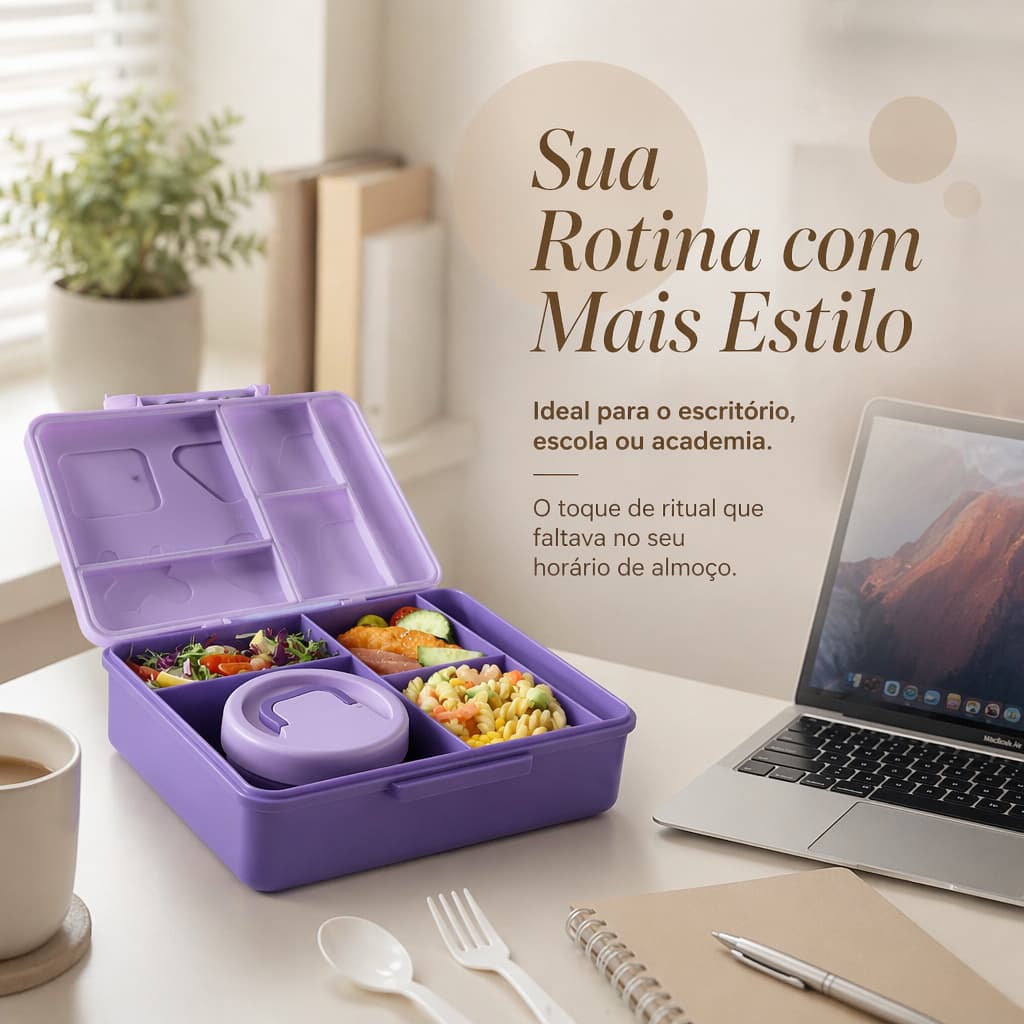 Marmita Box 5 Divisórias Hermética Sem BPA Com Tigela Talheres Marmita Escolar Micro-ondas