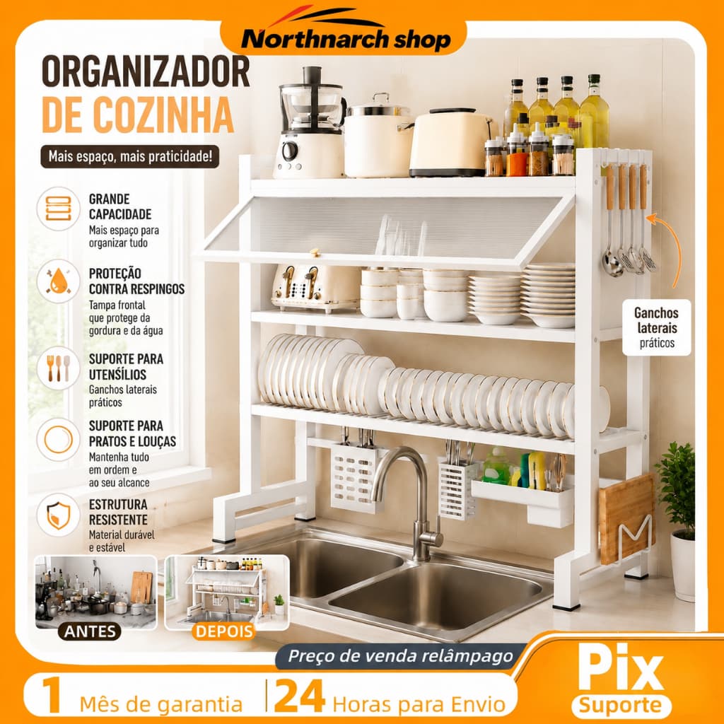 Escorredor de Louças Suspenso 85cm – Suporte de Cozinha em Aço Inoxidável – Organizador de Utensílios –Qualidade Premium