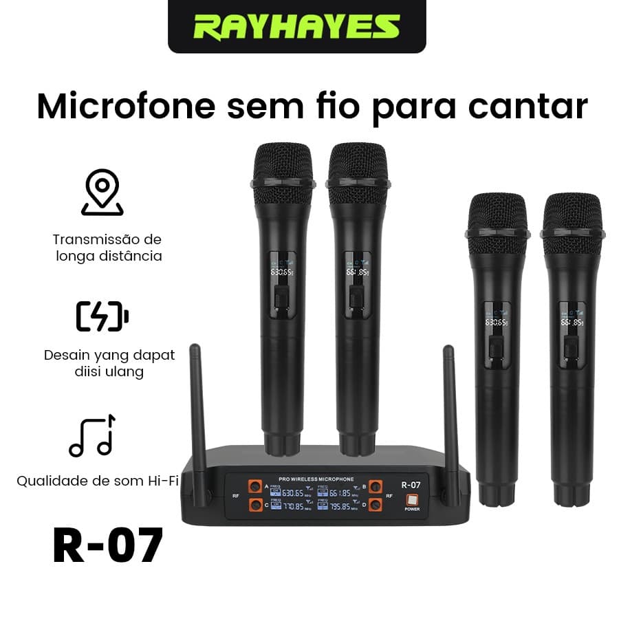 RAYHAYES Microfone Sem Fio R-07 UHF Alta Fidelidade Redução Inteligente de Ruído para Karaokê Empresarial