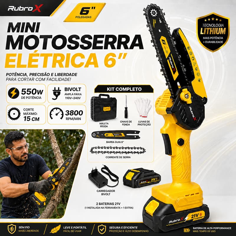 RubroX Kit 11 Peças Motosserra Elétrica 6/12-Inch Portable Electric Chainsaw Rechargeable Bivolt 21V
