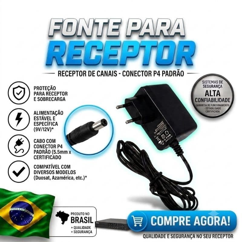 Fonte de Energia 12v P/ Receptor | Fio Longo 1,5mt