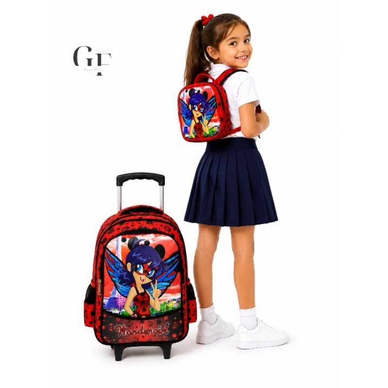 Kit Mochila Escolar com Carrinho 16" + Lancheira Térmica Infantil Wonder Girl Vermelha top 01847