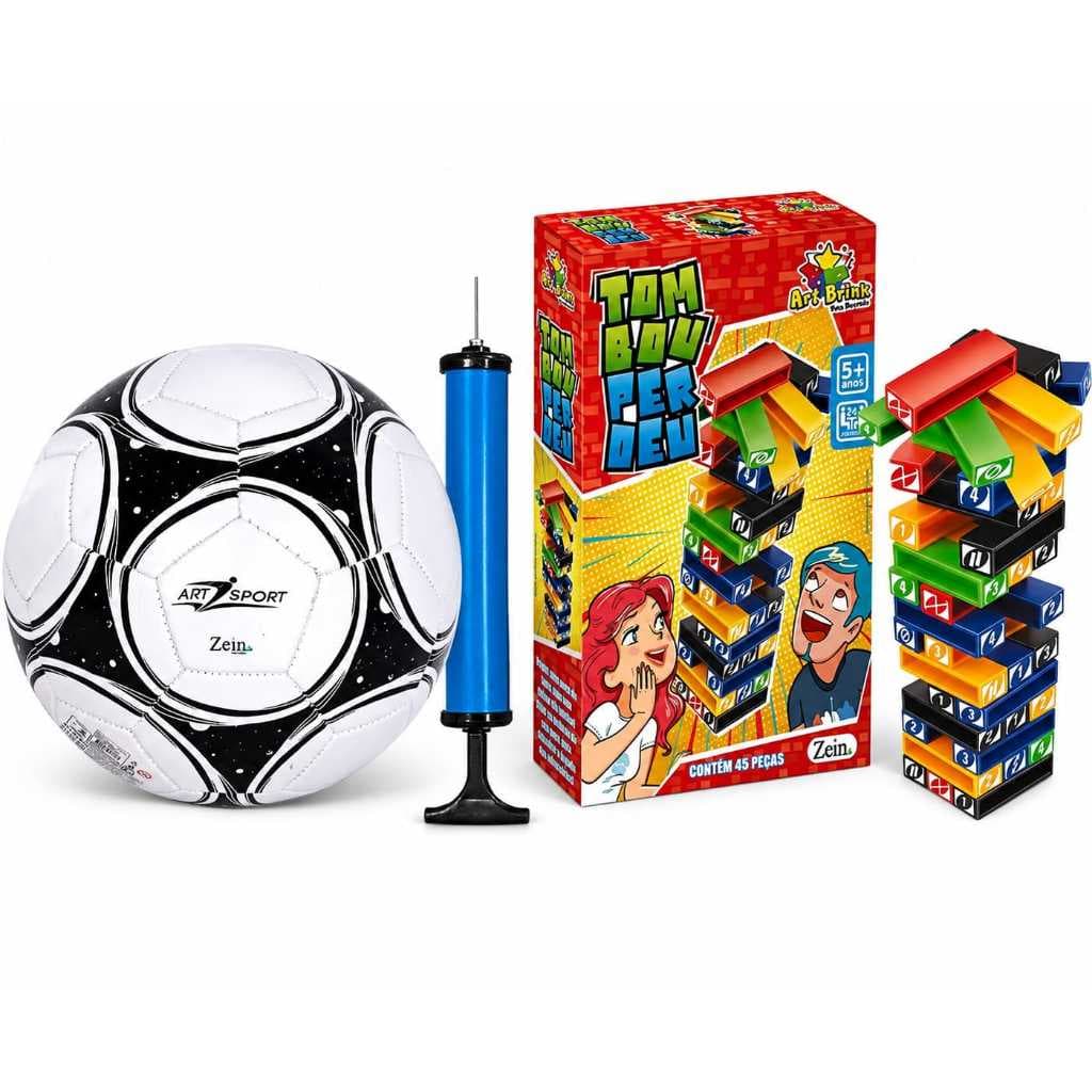 Kit Com 2 Brinquedos(Jogo Torre Tombou Perdeu+Bola De Futebol Campo n.5)Divertido E Interativo