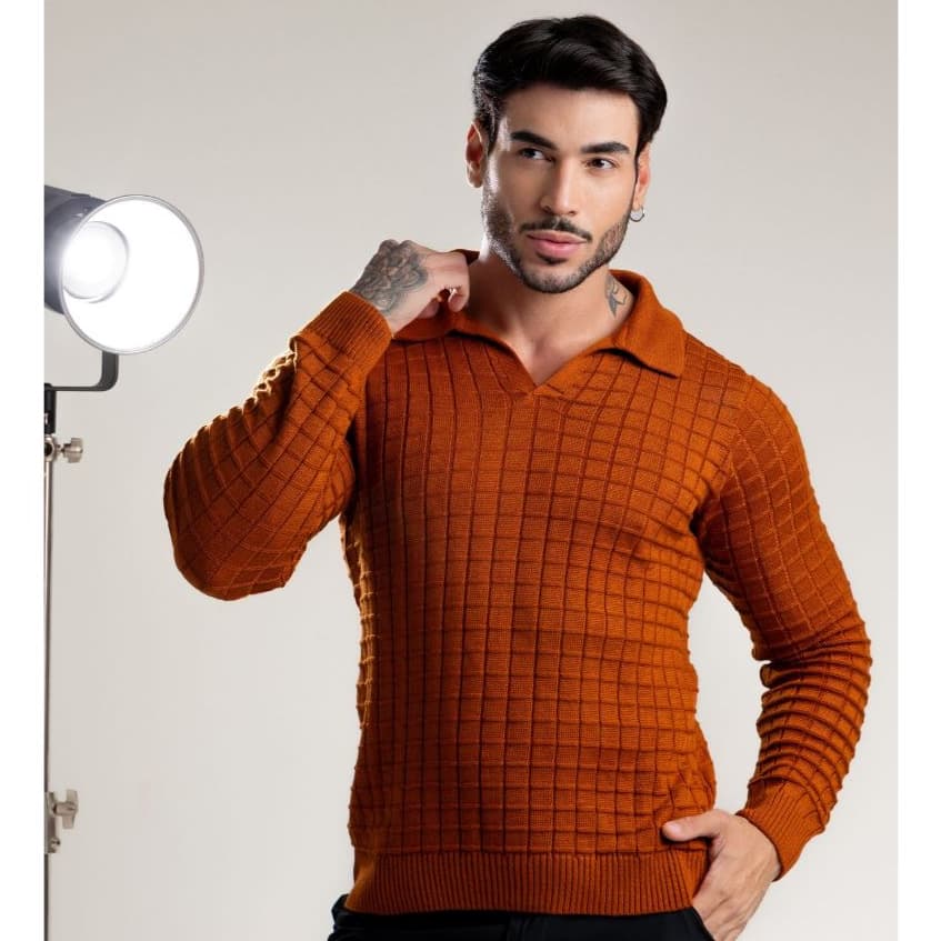 Suéter Tricot Trama Quadriculado Gola Polo Masculina Manga Longa Outono Inverno Alta Qualidade