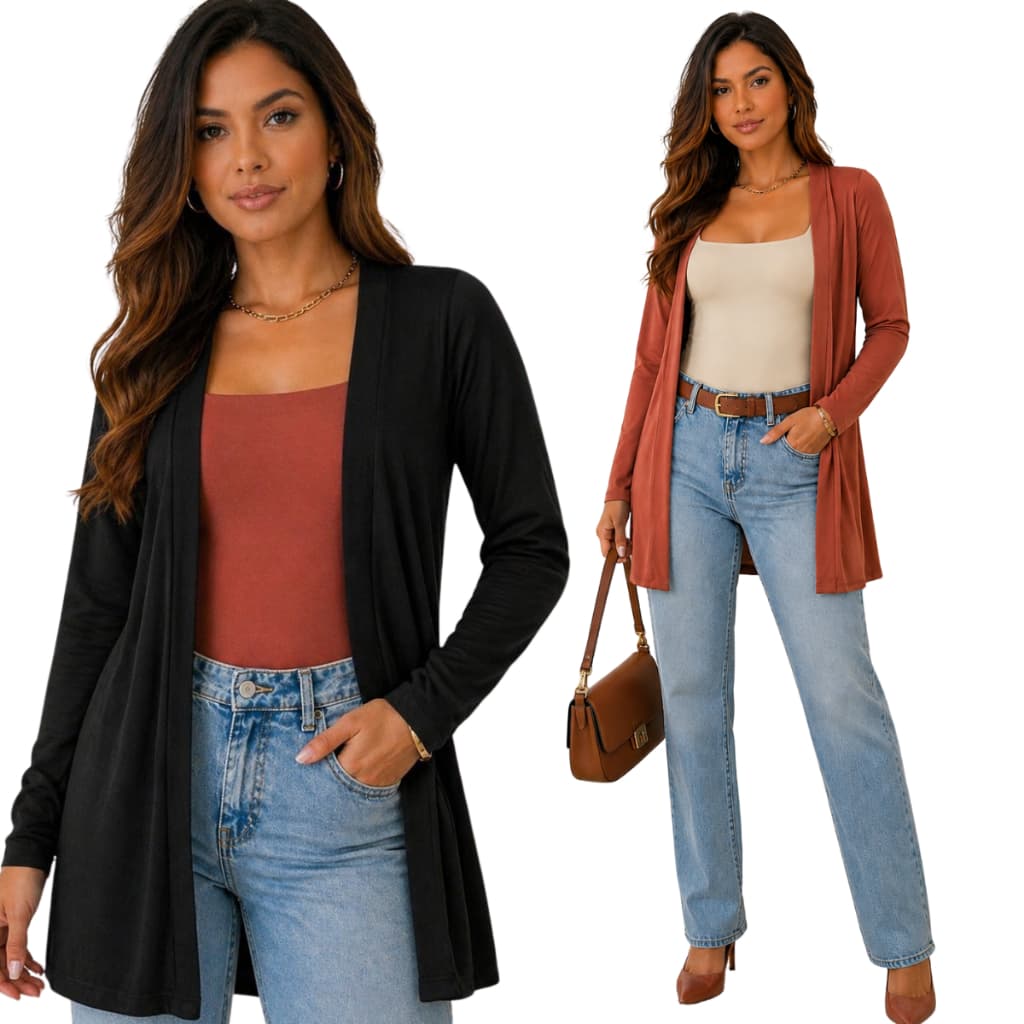 Cardigam Feminino Liso Longo Sobretudo Casaco Elegante Meia Estação Blusa Frio