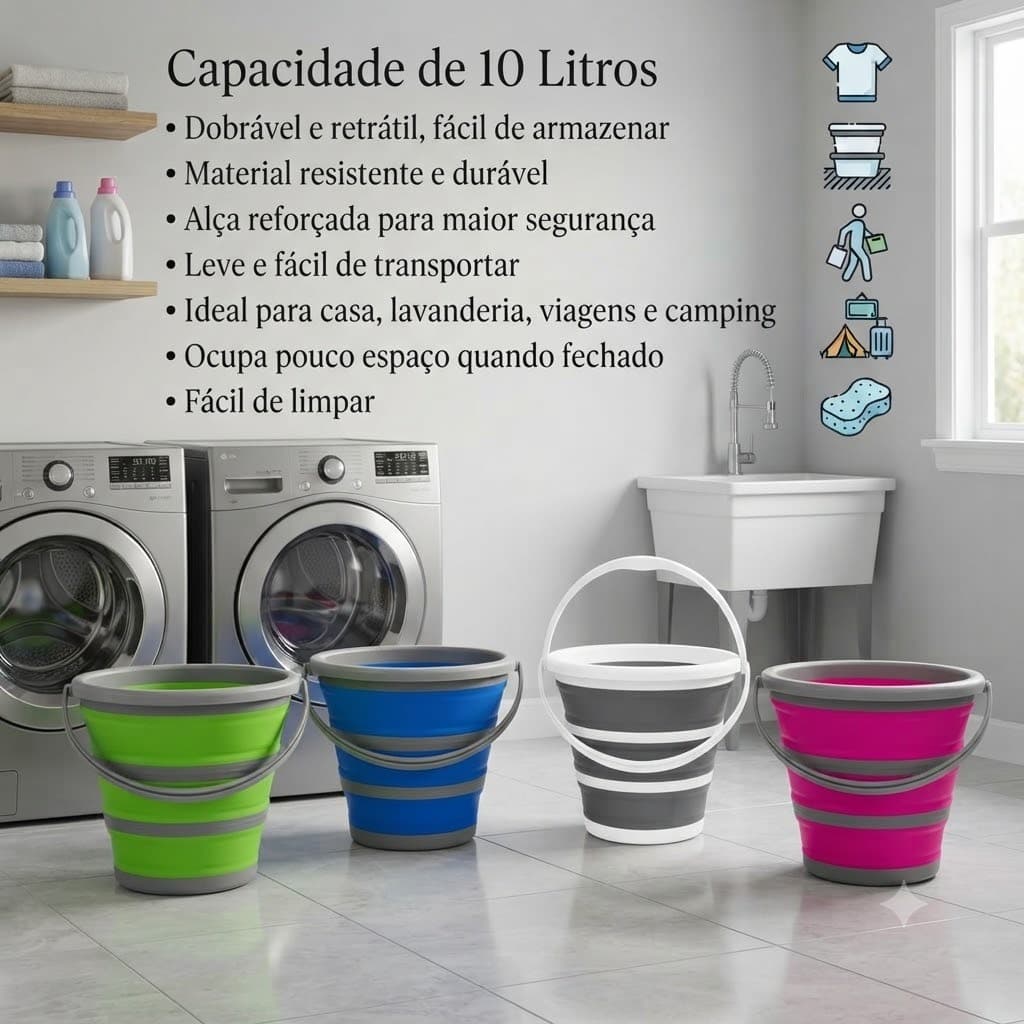 Balde Retrátil 10L - Praticidade e Durabilidade em Qualquer Lugar Lavanderia Quintal Lavar roupa e carro