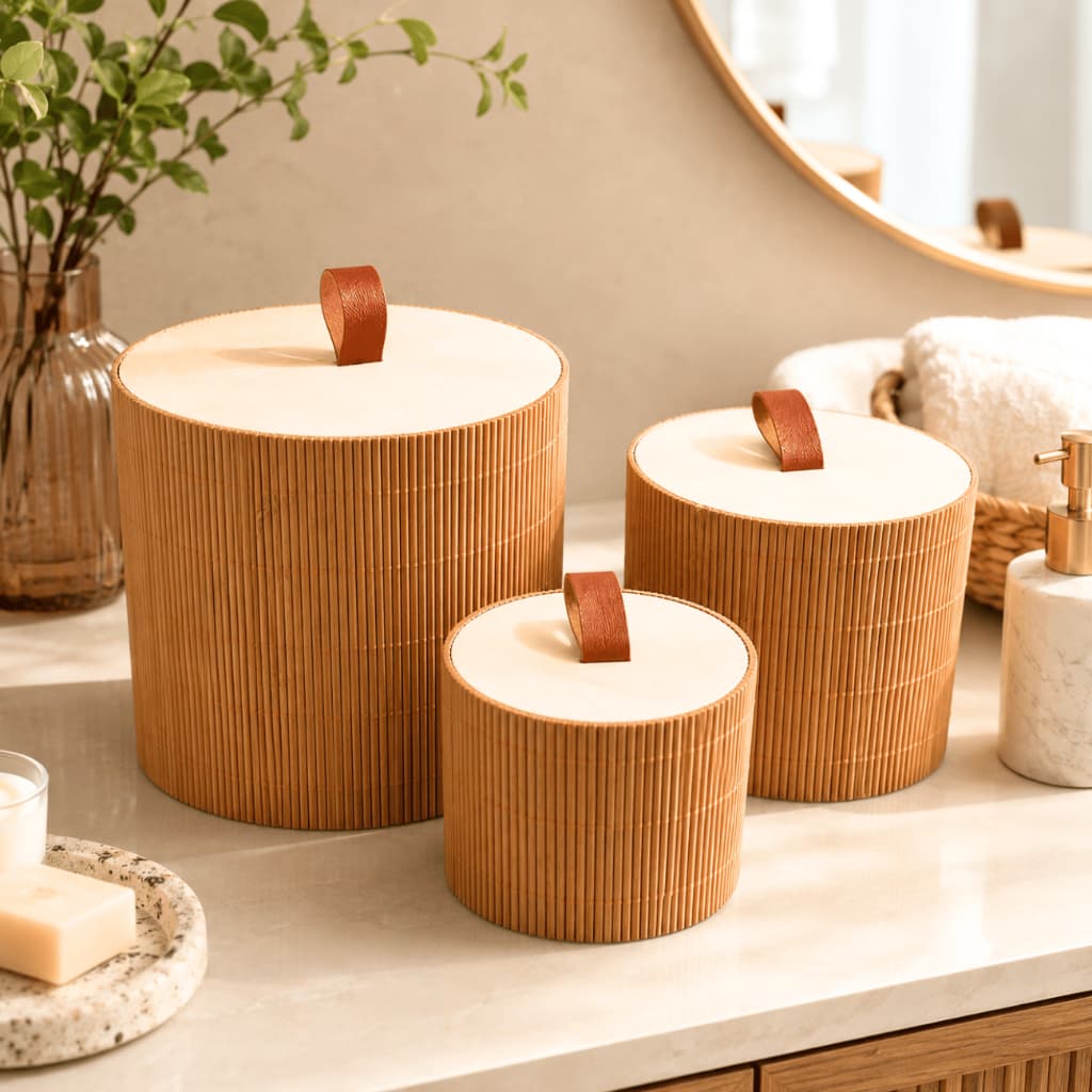 Kit 3 Cestos Organizadores de Bambu com Tampa para Banheiro Quarto e Maquiagem