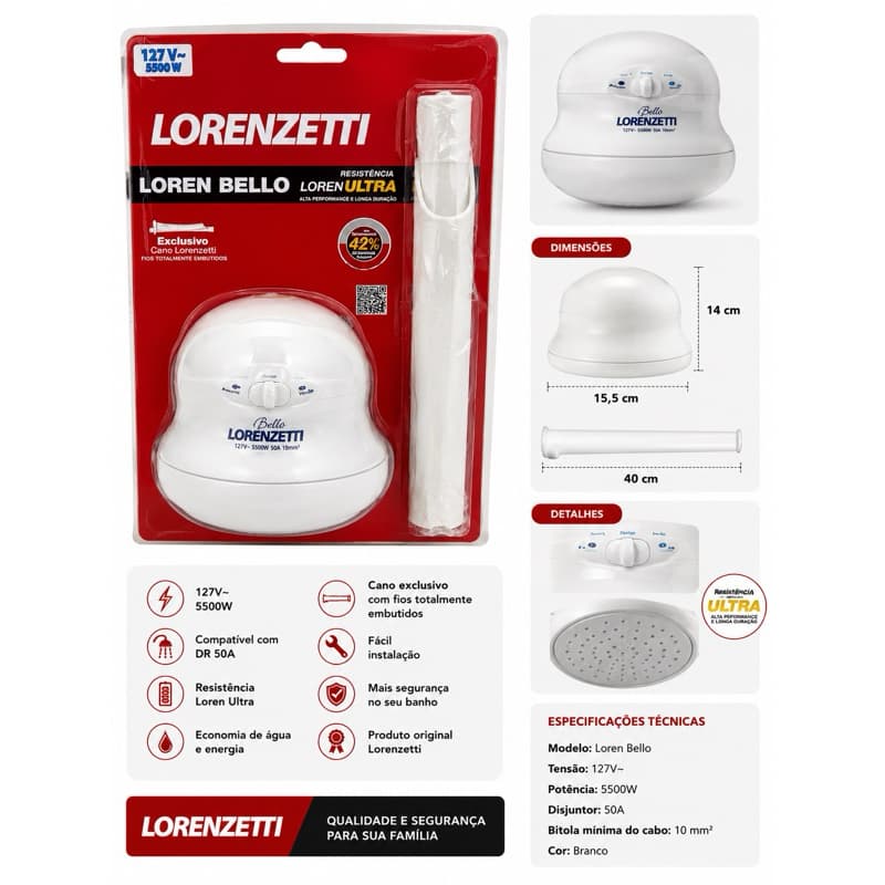 Chuveiro Elétrico Lorenzetti Loren Bello 127V 5500W – Branco