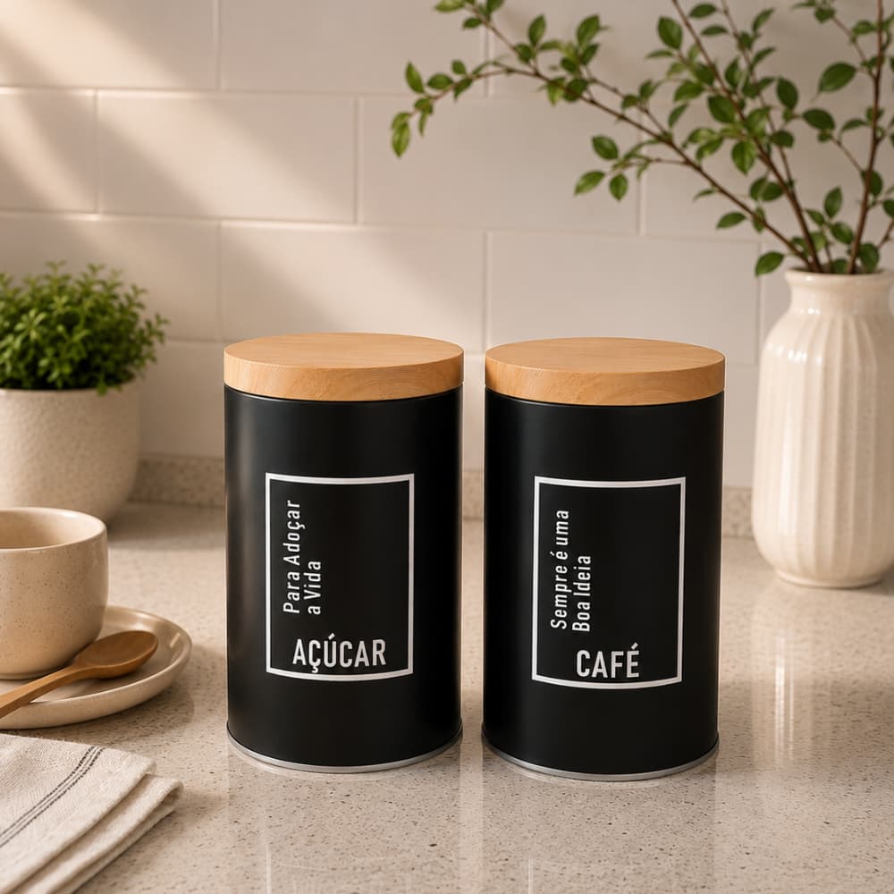 Potes Herméticos Porta Mantimentos Café e Açúcar Preto Tampa Efeito Bambu Organizadores de Cozinha