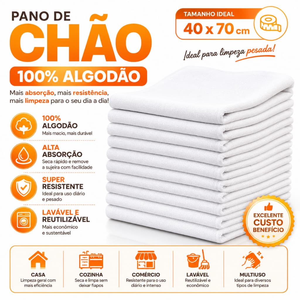 Pano de Chão Alvejado Kit com 5,10 e 20 Peças de Algodão