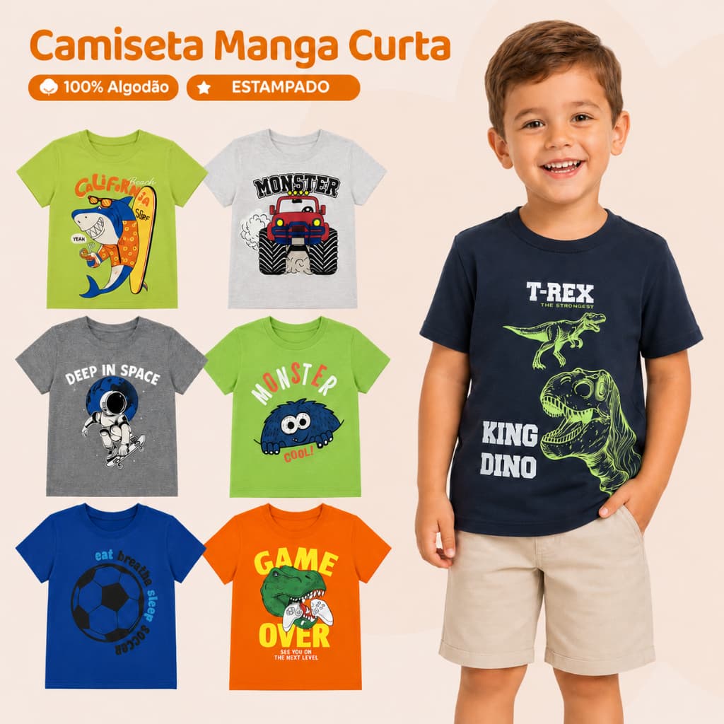 Kit 5 Camisetas Infantil Menino Manga Curta 100% Algodão Estampadas Tamanhos 4 ao 8