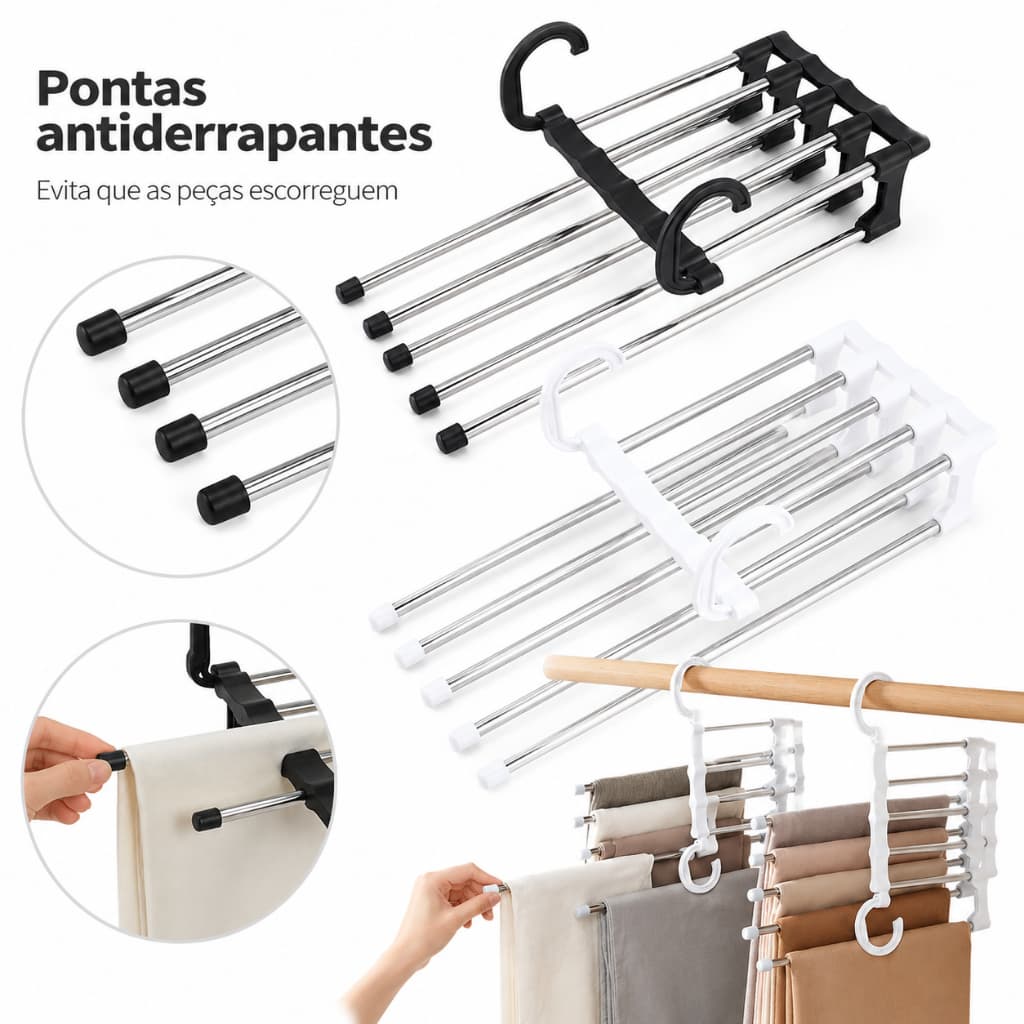 Suporte dobrável multifuncional 5 em 1 de aço inoxidável para calças, gravatas e organização de guarda-roupas