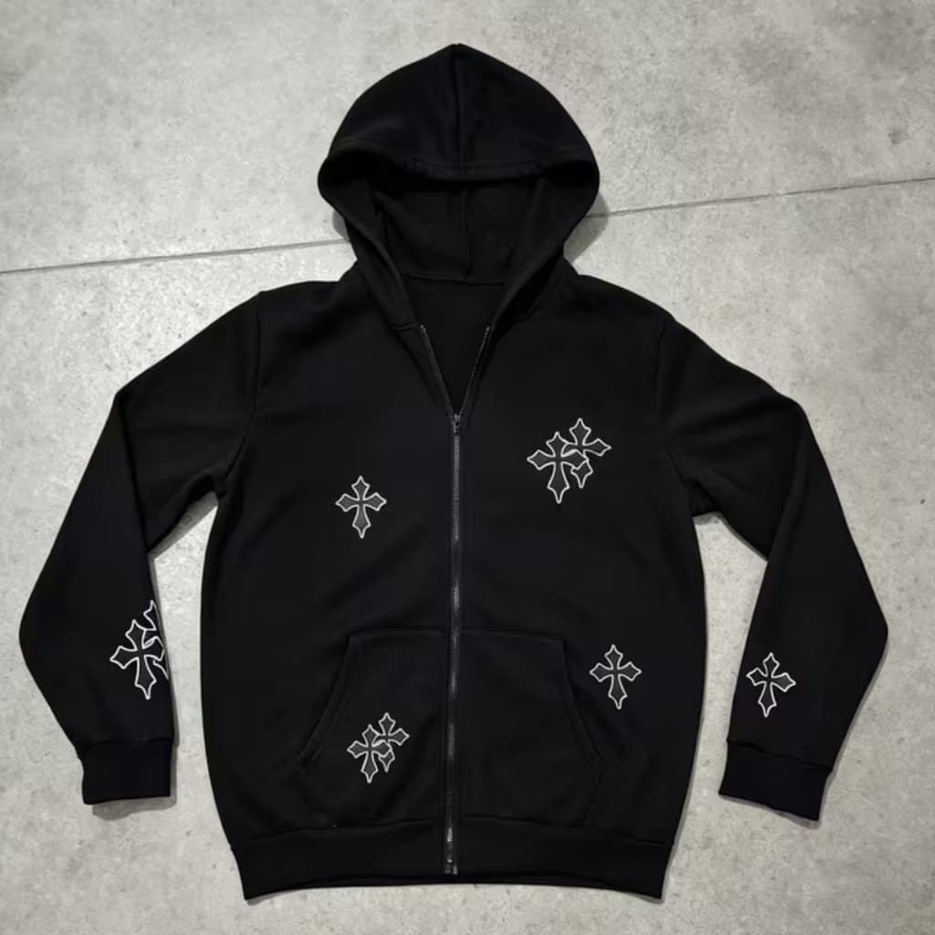 Moletom Fechado Com Zíper Jaqueta Estampa Cruzes Cyber Grunge Alt Estiloso