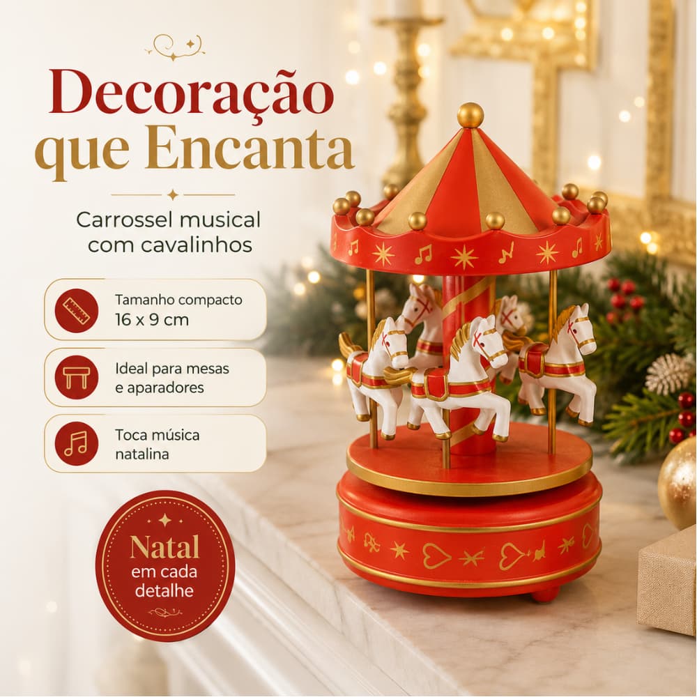 Carrossel de Natal Musical a Corda com Cavalinhos Caixinha de Música para Decoração 16x9cm