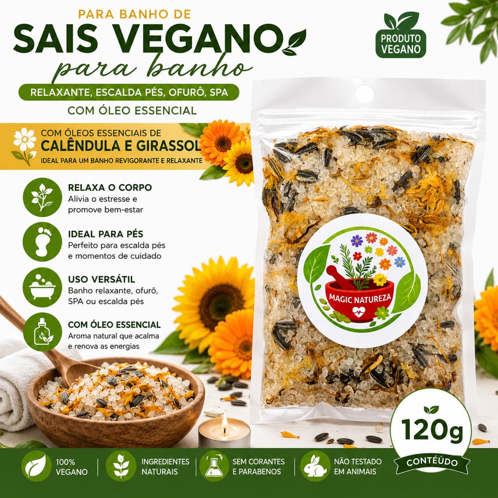 Sais Vegano Para Banho Relaxante, Escalda Pés, Ofurô , SPA com Óleo Essencial 120g