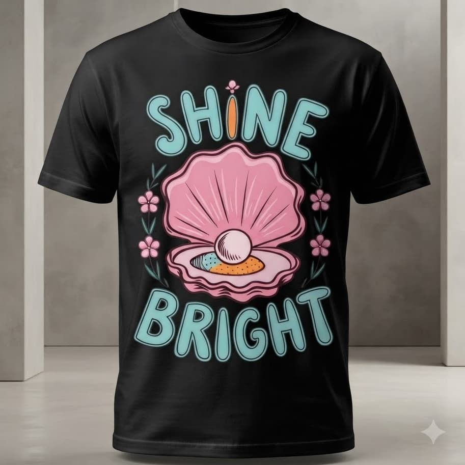 Camiseta Estampada Shine Bright com Pérola e Concha – Estilo Fofo, Vintage e Casual Unissex