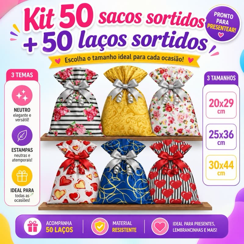 Kit 50un Sacos Metalizados Neutros Sortidos com Laços | Romântico Festa Lembrancinha Embalagem Luxo Amor Presente