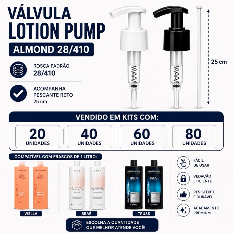 KIT COM 20/40/60/80 VÁLVULAS LOTION PUMP TAMANHO 28/410 COM PESCANTE 25 CM PARA FRASCOS DE 1 LITRO
