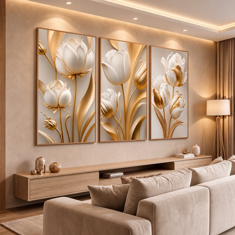 Quadro Decorativo Tulipas Brancas Douradas Gold Sala Quarto Hall