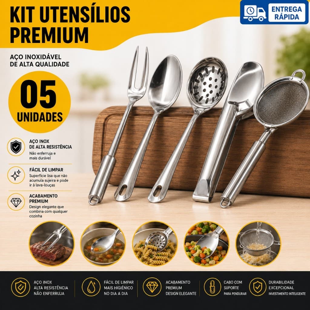 Kit Utensílios Cozinha Aço Inox 5 Peças Premium Pegador Colher Escumadeira Peneira Garfo Trinchante