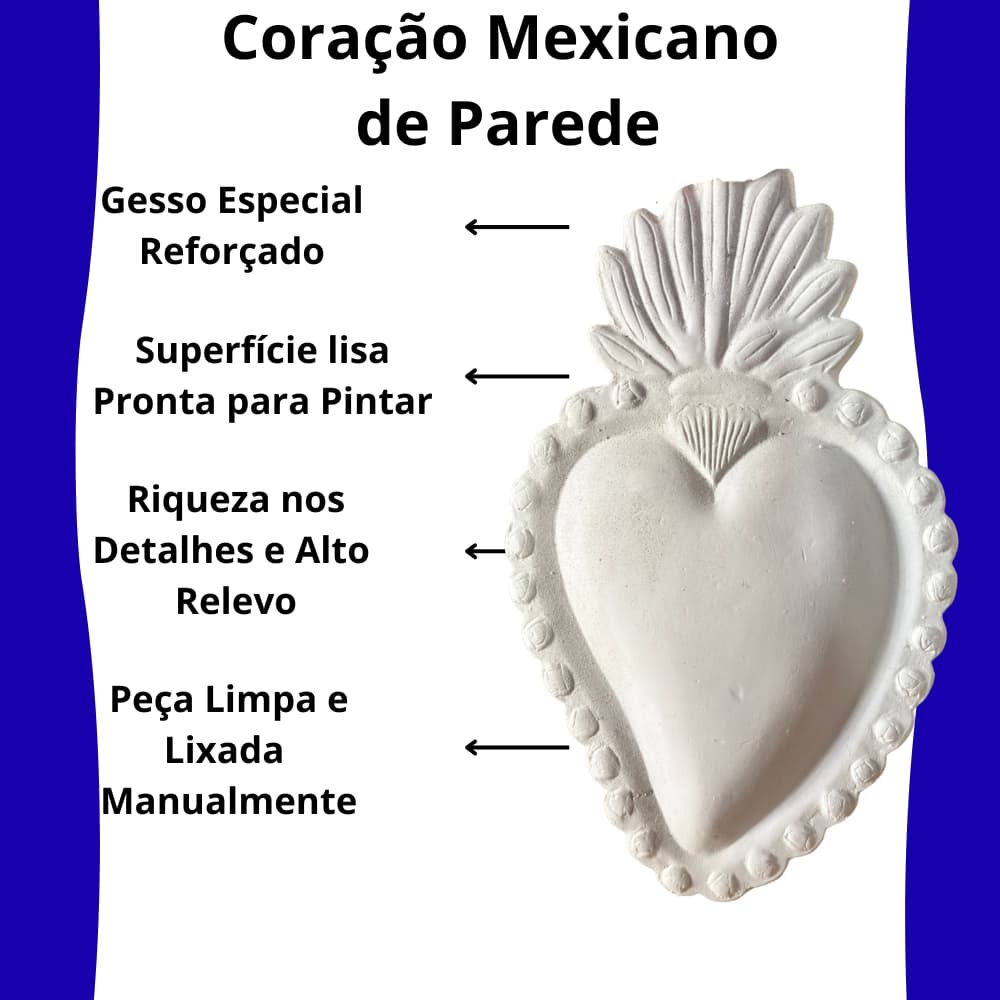 Escultura Coração Mexicano Ex Voto 15cm Gesso Cru Para Pintar Artesanato Quadro Parede Decoração