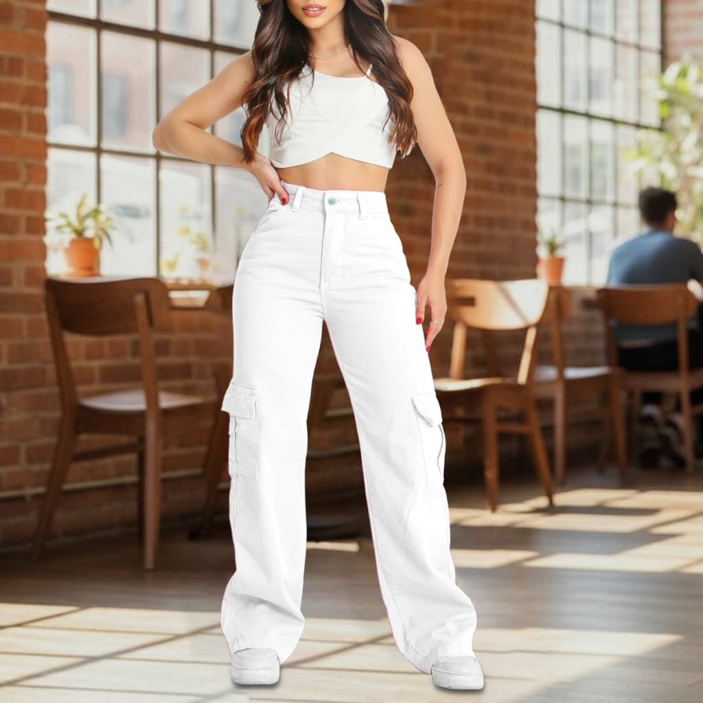 Calça Jeans Wide Leg Cargo Pantalona Cintura Alta Perfeita Branca