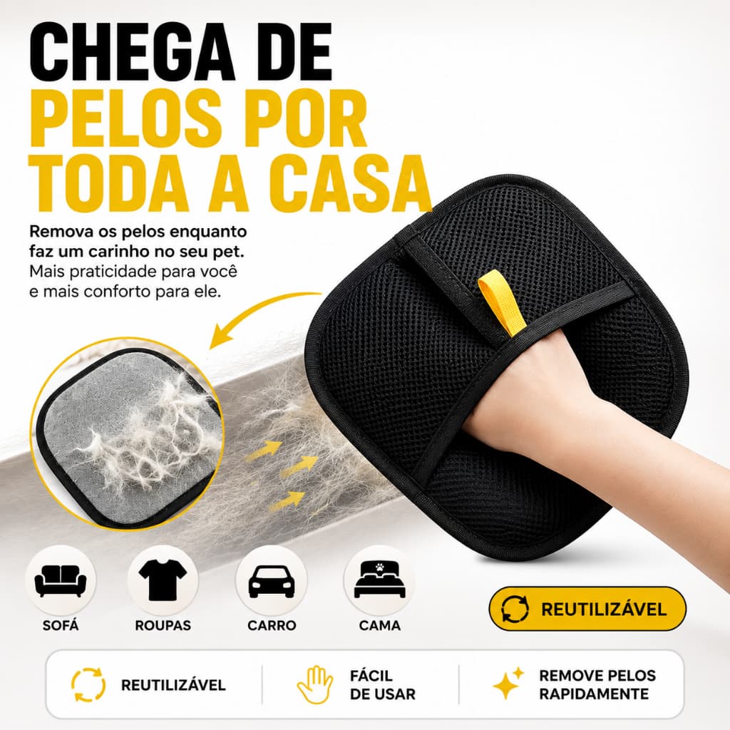 Luva Removedora de Pelos Pet Reutilizável Para Gato Cachorro