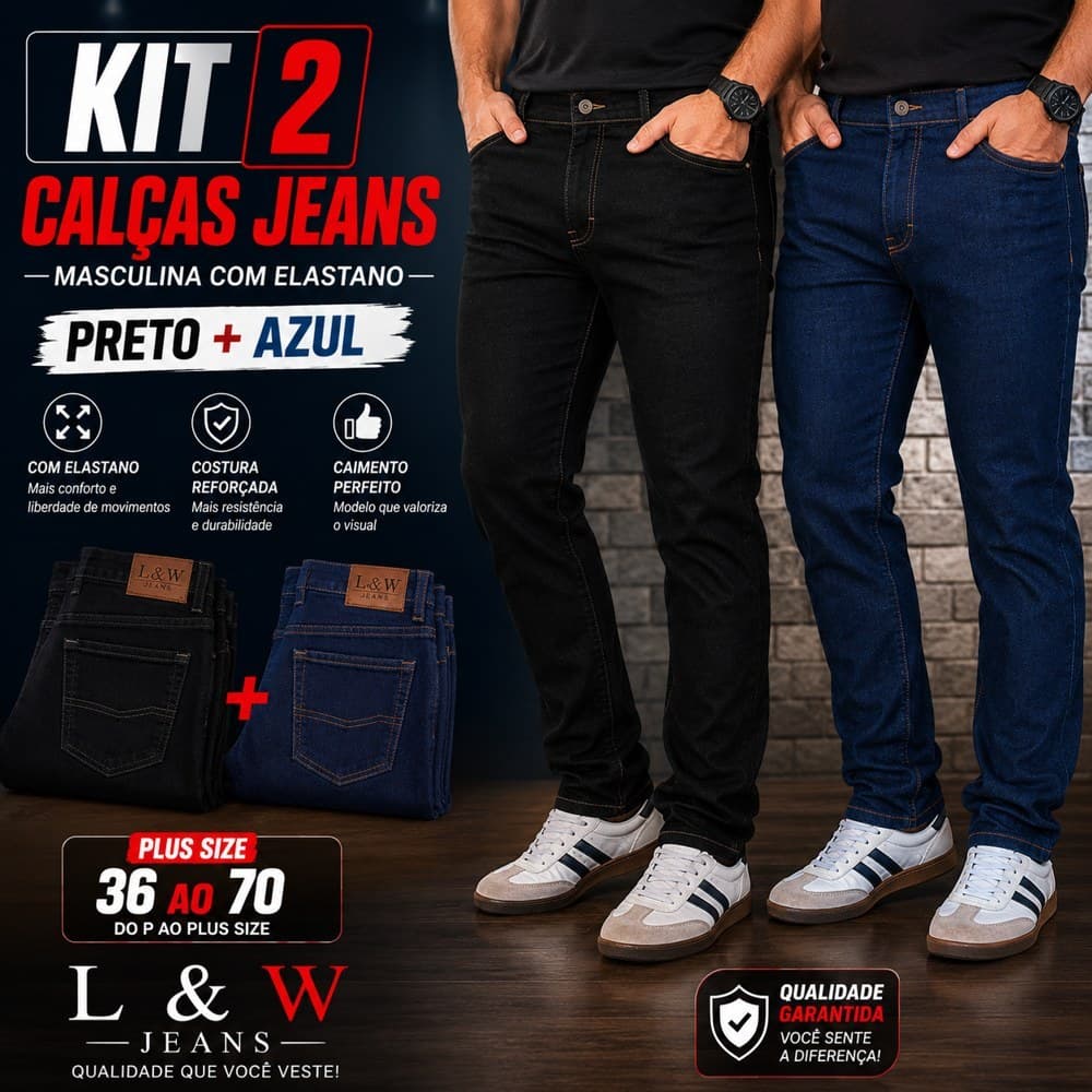 Calça Jeans Masculina Elastano Conforto Premium Trabalho Azul e Preta