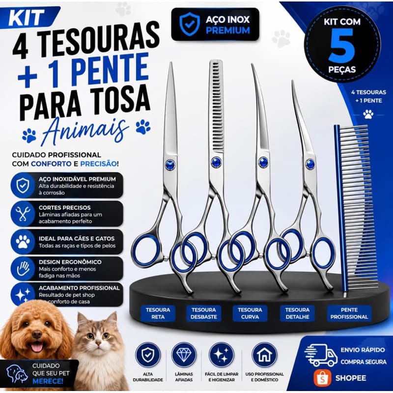 kit  profissional  de tesouras tosa animais 5 peças cães e gatos