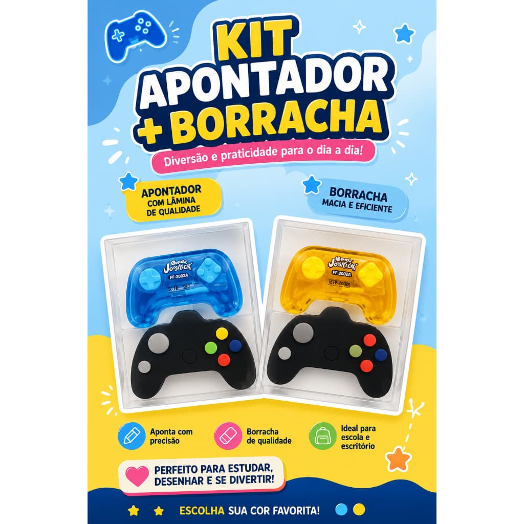 Kit apontador + borracha em formato de controle gamer de video game