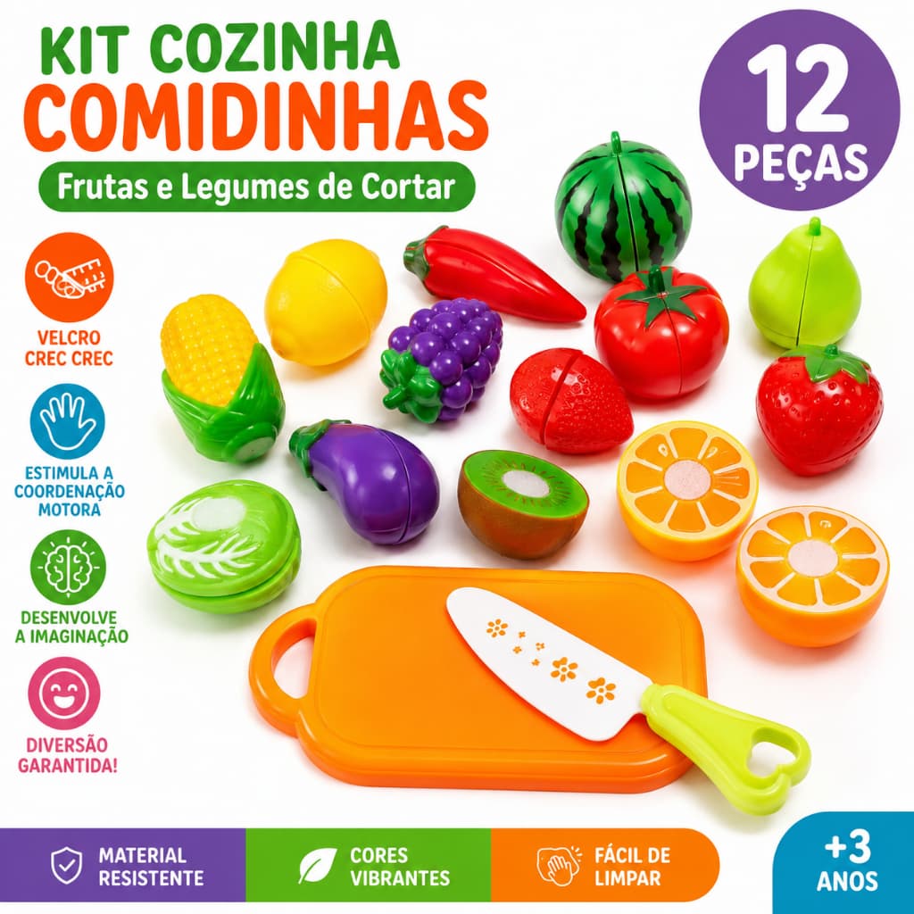 Kit Comidinhas de Brinquedo Infantil 12 Peças | Frutas e Legumes de Cortar com Velcro | Cozinha e Mercadinho