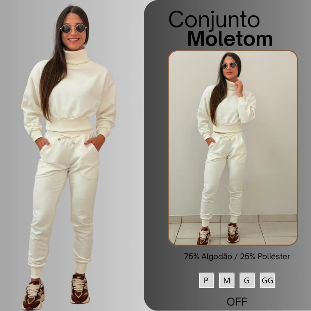 Conjunto Feminino De Moletom Calça Jogger E Cropped Gola Alta Off Branco