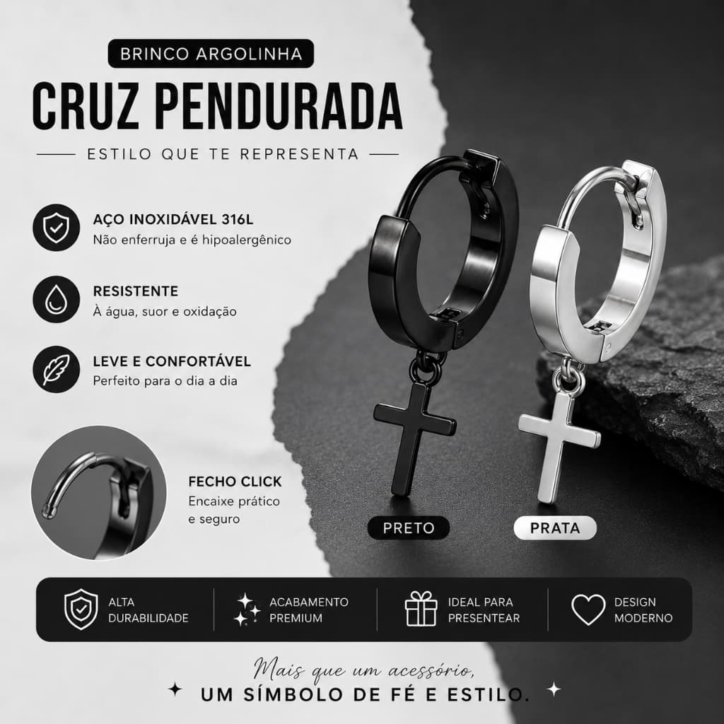 Par de Brinco Cruz Aço Inoxidável 316L Masculino Feminino Fecho Click Preto Prata