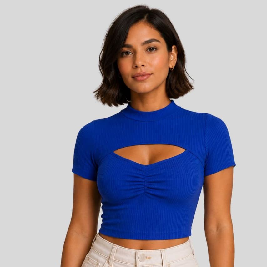 Cropped Blusa Feminina Canelado com Recorte Franzido no Busto