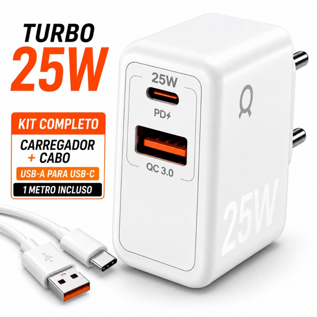 Carregador Turbo 25W USB-C + USB-A Com Cabo 1 Metro Carga Rápida