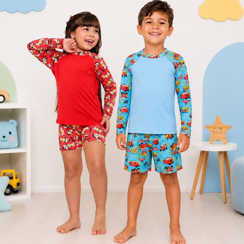 Conjunto Infantil Blusa Proteção Solar UV Manga Longa + Short Roupa de Piscina Praia Estampado
