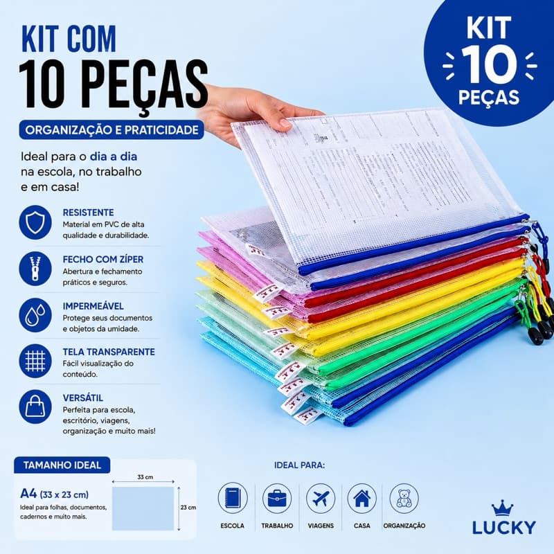 Kit Pasta A4 De Plástico Multiuso Com Zíper Cores Sortidas