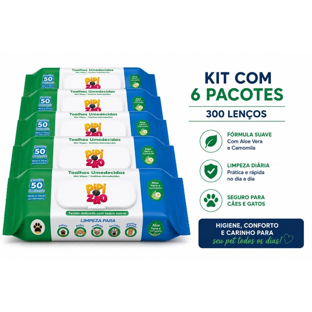 Lenço Umedecido Pet Pipizão 300 Lenços Kit 6 Pacotes Higiene Cães Gatos