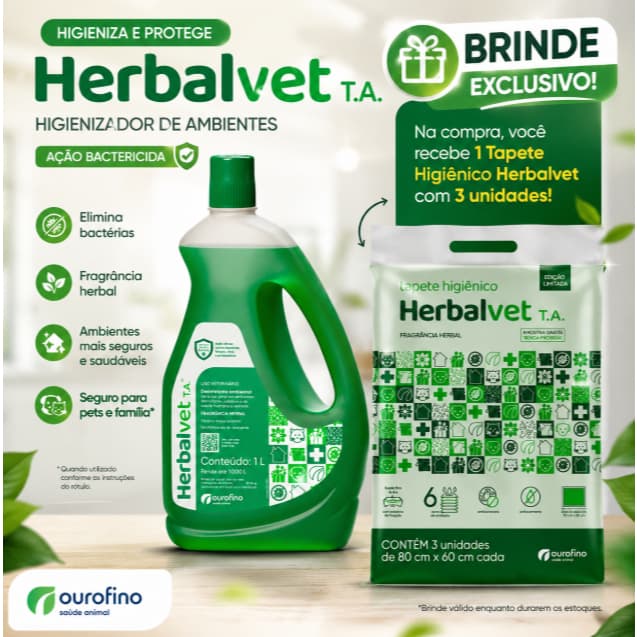 Herbalvet Higienizador de Ambientes Ourofino 1L Ação Bactericida + Brinde Tapete Higiênico 3 Un