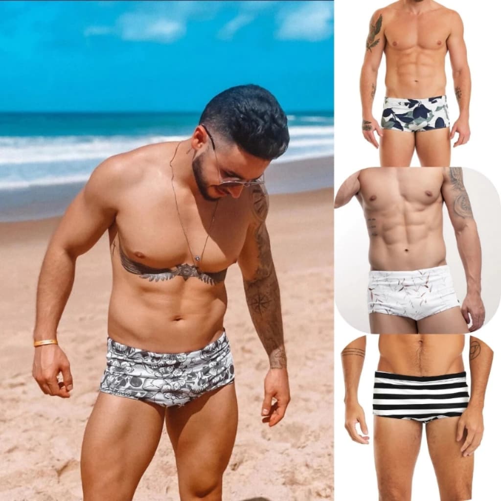 Sunga Masculina Varias Estampadas Slip Forro Tecido Proteção Solar UV Anti Desbotamento Branca