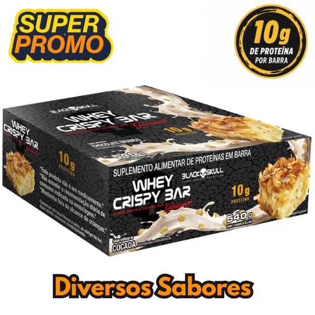 Whey Protein Crispy Bar Black Skull Caixa C/12un - Recuperação Muscular, Saciedade