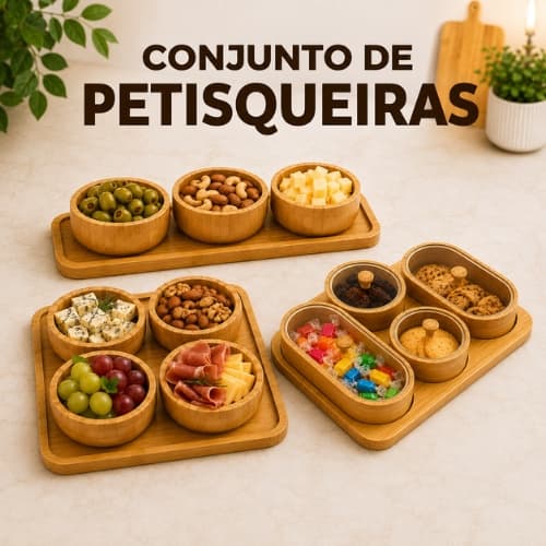KIT CONJUNTO PETISQUEIRAS DE BAMBÚ NATURAL PARA SERVIR PETISCOS COM TAMPA E SEM TAMPA