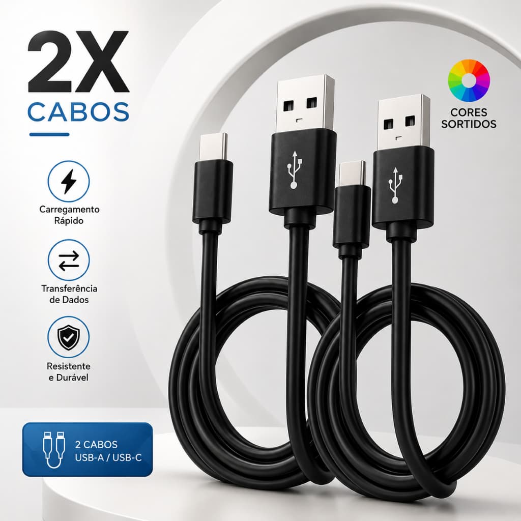 Kit 2 Cabos para Celular Carregador Usb Tipo C 2 metros multicolorido PVC Anti Quebra Resistente